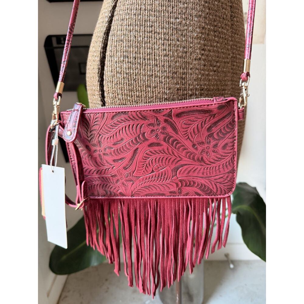 Free People Leather Fringe Crossbody Bag Tooled Suede Boho Western Purse NWT